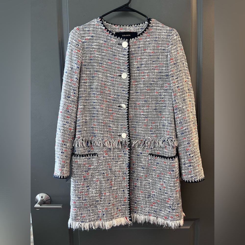 Zara Gray and Red Blazer with Fringe Details